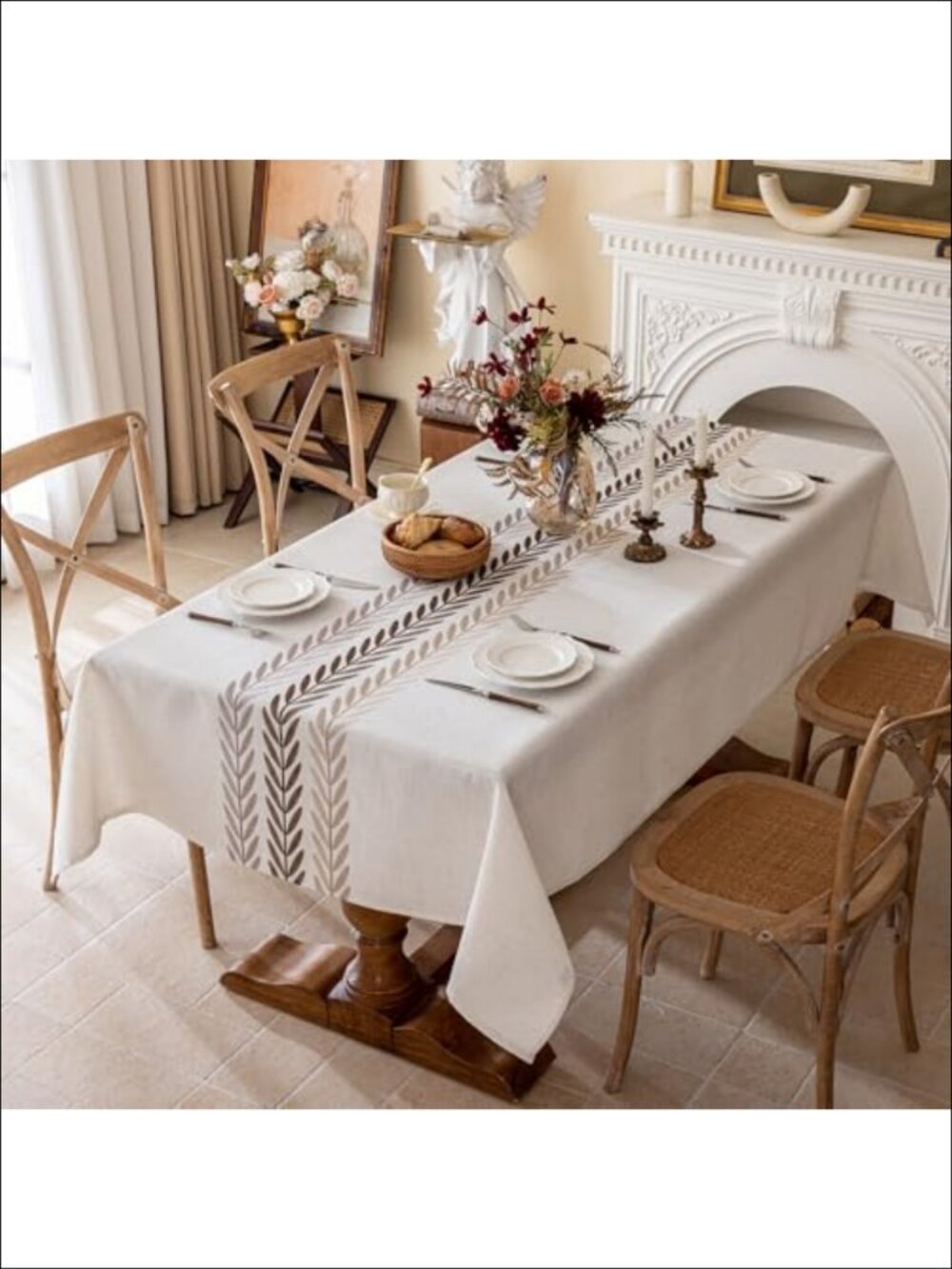 Linen Blend Embroidery Tablecloth Rectangle Waterproof Wrinkle Free